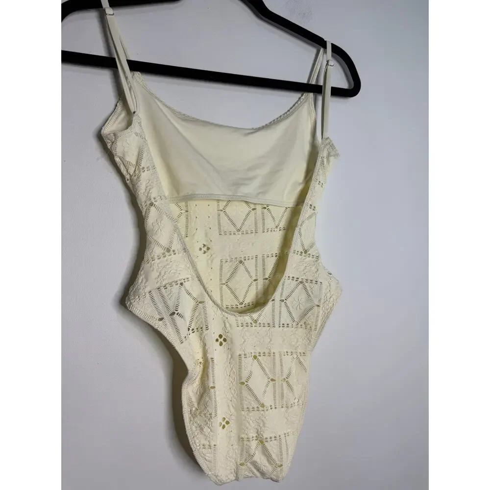 Frankies Bikinis Juliet one-piece swimsuit cream-colored patchwork eyelet design